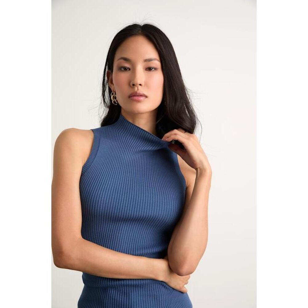 Lulus Seasonal Sophistication Blue Ribbed Mock Neck Sweater Tank Top - Size XS